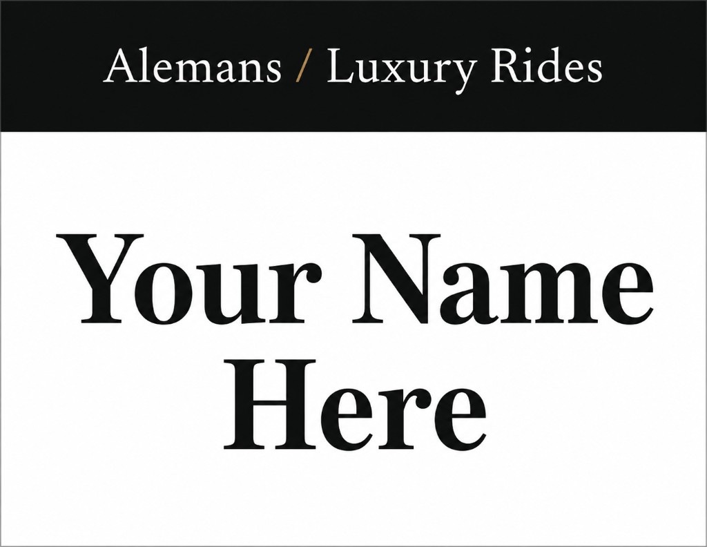Alemans Luxury Rides airport pickup sign with guest name